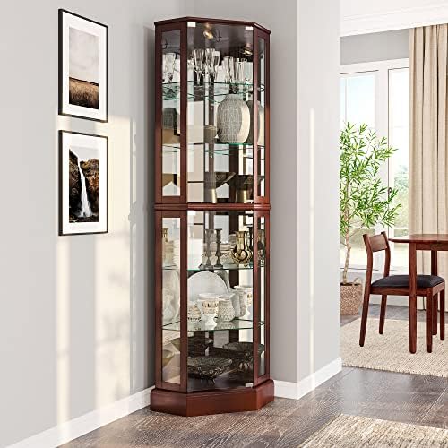 BELLEZE Lighted Corner Display Curio Cabinet Wooden Curved Shelving Unit with Tempered Glass Door