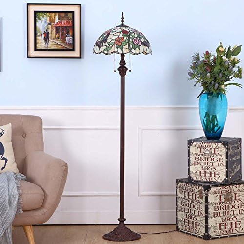 Bieye L11408 Butterfly Tiffany Style Stained Glass Floor Lamp with 16-inch Wide Handmade Lampshade Metal Base for Bedroom Living Room, 59-inch Tall