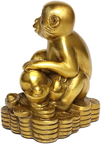 Brass Zodiac Monkey Statue, Chinese Feng Shui Decor for Wealth Luck | Golden Money Monkey Figurine, Home Desk Office Decor, Career & Wealth Decor