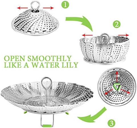 Steamer Basket Stainless Steel Vegetable Basket Metal Handle Folding Silicone Feet Steamer Insert for Cooking Veggies Fish Seafood Include Safety Tool