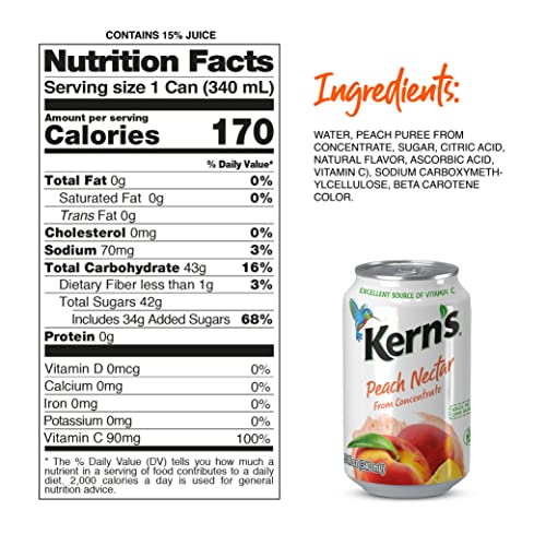 Kern’s Tropical Fruit Nectar Juice Variety Pack - Mango Nectar & Peach Juice - Made from Fruit Puree for Smoothie Mix, Cocktail Mixers & Kids Drinks - 11.5oz, 12 Pack Canned Drinks