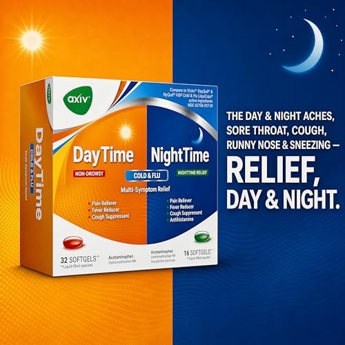 AXIV Day & Night Cold & Flu Medicine Combo Pack Softgels, Daytime & Nighttime Relief for Headache, Fever, Sore Throat, Minor Aches & Pains, & Cough