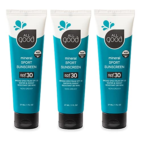 All Good Sunscreen - Sport Mineral Sunscreen Lotion, Reef Friendly, SPF 30+ for Face & Body, Water & Sweat Resistant (3 oz)