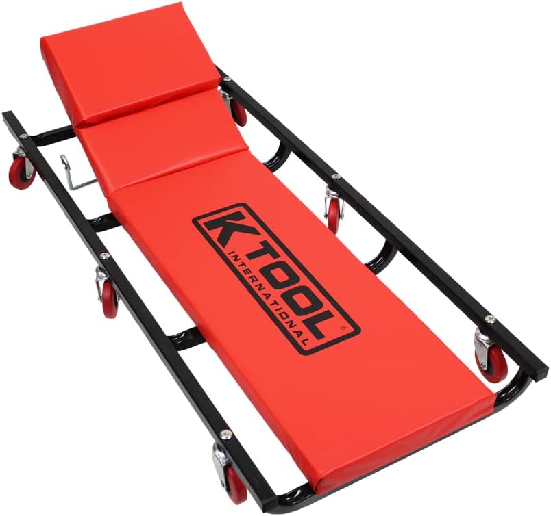 K Tool International 74961 Creeper Seat, Adjustable Headrest with Fully Padded Support, Oil Resistant Rubber Casters