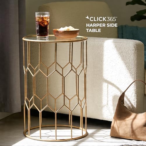 Click365 Harper Round Glass Accent Side Table, 16 Inch Modern End Table with Gold Metal Geometric Frame for Living Room, Bedroom or Small Spaces
