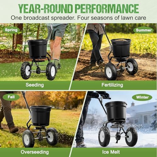 PPOLB Broadcast Spreader for Lawns, 50LB Fertilizer Spreader with 30-Level Flow Control, Walk Behind Lawn Seed & Salt Spreader, 0–10FT Coverage, Hopper Screen, Rain Cover, 12" Pneumatic Wheels