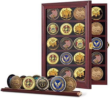Jinchuan Military Challenge Coin Display Case Lockable Cabinet Rack Holder Shadow Box with Removable 2 Grooves Shelves and Anti Dust Door for Casino