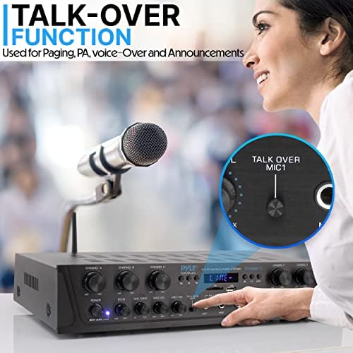 Pyle Bluetooth Home Audio Amplifier - 6 Channel Stereo Receiver Amp, 600 Watt Power, Commercial or Karaoke with Mic Talkover, Headphone Jack