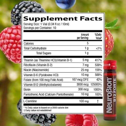 Neurobion Forte Vitamin B12 Methylcobalamin B6 B2 Niacin Liquid Shots Daily Energy & Nervous System Support Complex Easy Oral Drinkable10 Vials