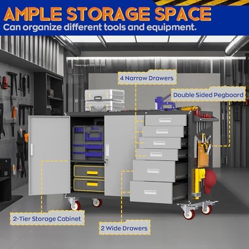 Eltean 55" W Rolling Workbench with 6 Drawers and Storage Cabinet, 1000 LB Capacity Heavy Duty Work Bench with Pegboard and Adjustable Shelf