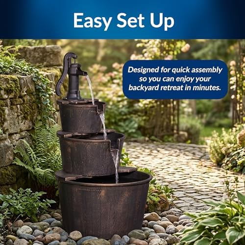 Alpine Corporation 40" Tall Outdoor Floor Tiered Rustic Pump and Barrel Water Fountain, Old-Fashioned Waterfall for Garden, Patio, Yard Decor