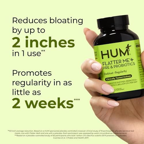 HUM Flatter Me Digestive Enzymes, Digestion & Bloating Support, 60 Count | 18 Digestive Enzymes, Ginger, Peppermint & Fennel, Women & Men, Vegan, Non-GMO, 60 Capsules
