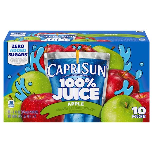 Capri Sun 100% Juice from Concentrate, 10 Pouches Apple Juice, 6 fl oz | for School Lunches and On-the-Go Hydration, All Natural Ingredients, No Artificial Colors, Flavors Or Preservatives