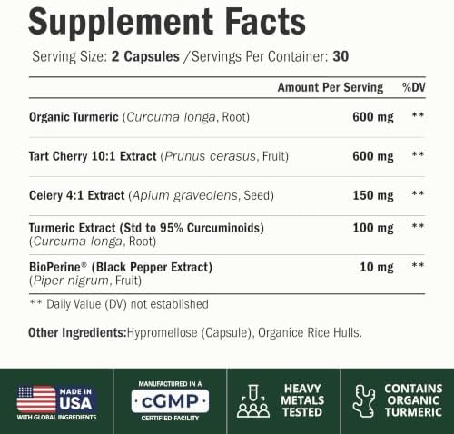 Tart Cherry Capsules – 4-in-1 Turmeric Tart Cherry Supplement for Uric Acid Balance & Joint Health – 10:1 Tart Cherry Extract Capsules with Celery Seed, Turmeric Curcumin & Black Pepper – 60 Count