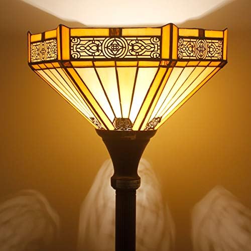WERFACTORY Tiffany Floor Lamp Yellow Hexagon Stained Glass Mission Light | 12X12X71 Inches Torchiere Standing Corner Torch Uplight Decor Bedroom