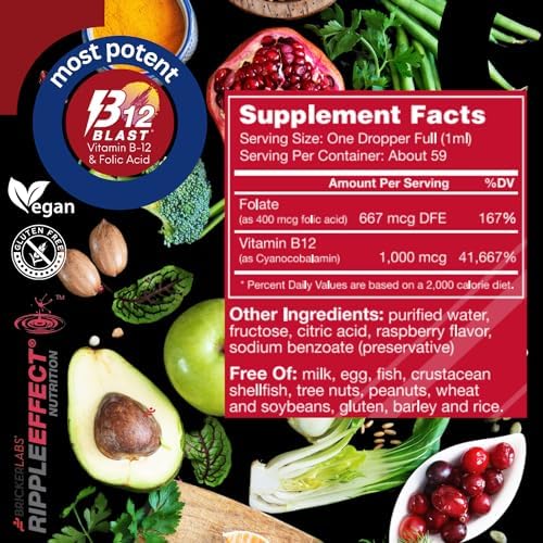 Bricker Labs B-12 Blast Liquid Vitamin B12 and Folic Acid Supplement, Support Energy Production