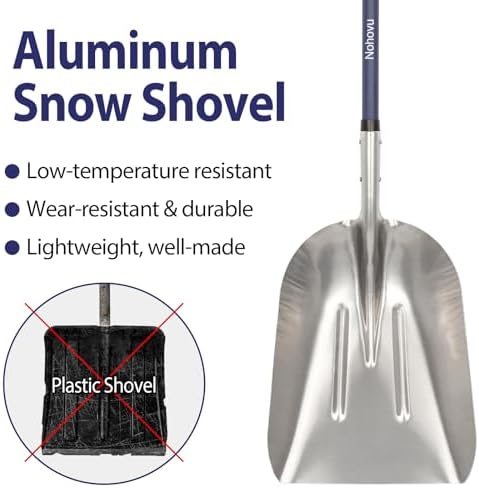 Nohovu Aluminum Snow Shovel - Large Capacity Driveway Snow Removal Tool, Fiberglass D-Handle, 45 Inch Blade