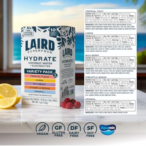 Laird Superfood HYDRATE Coconut Water Powder Drink Supplement with Coconut Water and Auqamin, All Natural, No Added Sugars, Gluten-Free, Non-GMO, Vegan, 8 oz. Bag, Pack of 1