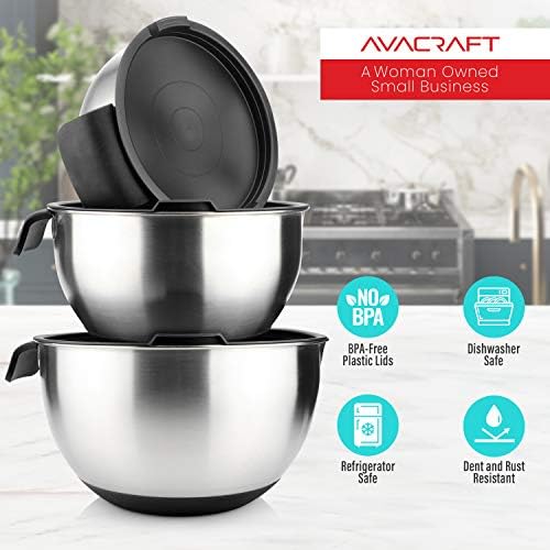 AVACRAFT 18/10 Stainless Steel Mixing Bowls with Lids, non slip silicone base bowls with Handle, Mixing Bowl Set with Pour Spouts & Measurement Marks, Home Essentials Cooking Bowls, (Red)
