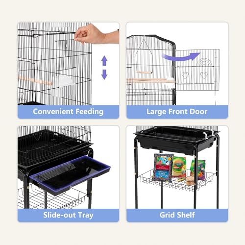ZENY 63.4 Inch Bird Cage, Rolling Wrought Iron Parrot Cage | with Side-out Tray, Storage Shelf