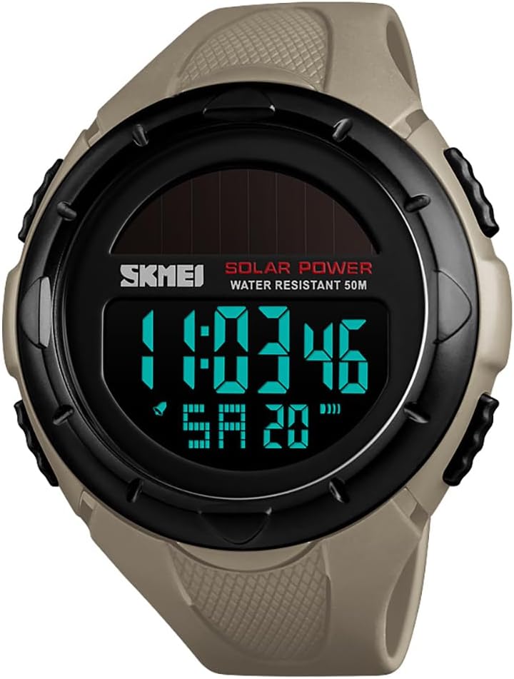 MASTOP Solar Powered Energy Watch for Men Military Digital Multifunctional Led Luminous Indication 2 Time Zone 50m Waterproof Watch Reloj Solar para Hombre