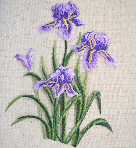 Purple Iris Flower Iron On Patch, Large Embroidered Floral Applique for Jackets, Denim, Backpacks & Crafts, 6 inch Tall x 4.62 inch Wide