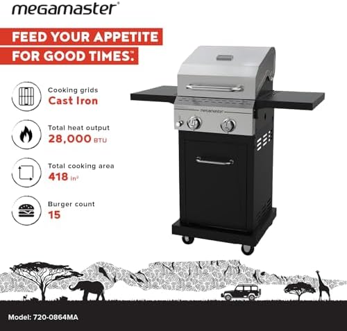 Megamaster Deluxe 2 Burner Gas Grill, Foldable Shelves with Warming Rack | Offers 28000 BTU, Built-In Thermometer, Electronic Ignition