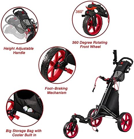 KVV 3 Wheel 360 Rotating Front Wheel Golf Push Cart Open and Close in ONE Second-Free Umbrella Holder Included