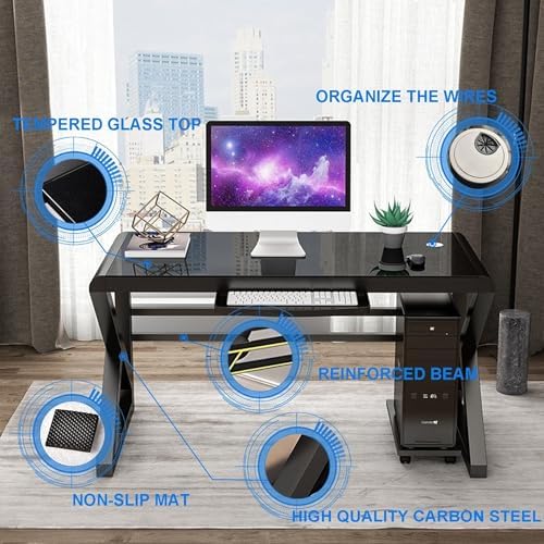 BINGTOO Glass Top Computer Desk with Metal Frame - Modern Simple Workstation for Home Office, Gaming, Writing, Study & Work, Black