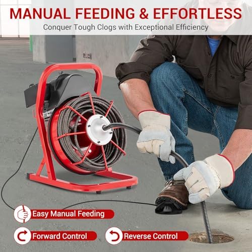 75 ft x 1/2 in Drain Cleaner Machine, 400W Electric Drain Snake with 6 Cutters & Foot Switch for 1 in to 4 in Pipes, Heavy Duty Sewer Auger for Sinks