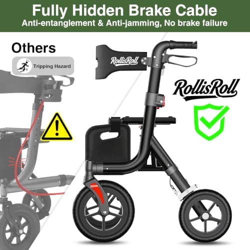 Walkers for Seniors, Rollator Walker with Seat, 10" Big Rubber Wheels All Terrain Rolling Walker, Lightweight Foldable Rollator Walker, Built-in Cable, Reinforced Aluminum Frame, Orange