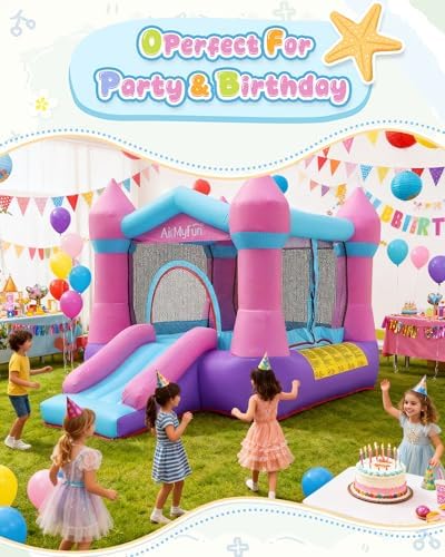 AirMyFun Pink Inflatable Toddler Bounce House with Blower, Indoor/Outdoor Jumping Castle for Kids 3-8, Inflatable Bouncy House with Slide, 82011B