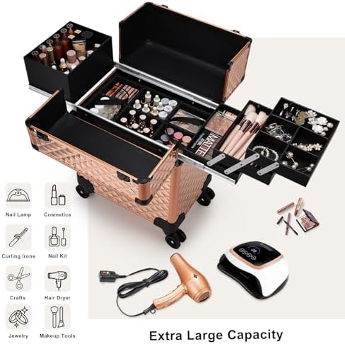 Stagiant Rolling Makeup Train Case Large Storage Cosmetic Trolley 4 Tray with Sliding Rail Removable Middle Layer with Key Swivel Wheels Salon