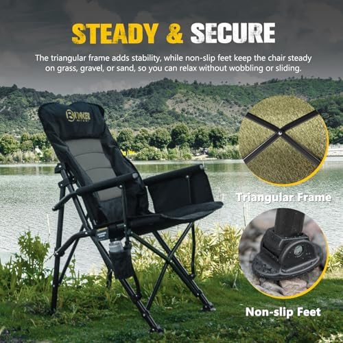 BUNKER INDUST Folding Camping Chair, Oversized with Padded Cushion, Outdoor Chair with Cup Holder Storage Pockets