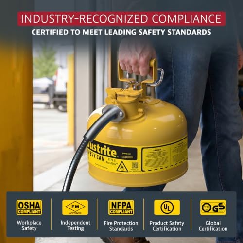 Justrite Type II Diesel Fuel Can, Yellow Galvanized Steel, FM Approved | Flammable Liquid Storage Can with Controlled Pouring, 2 Gallon Capacity