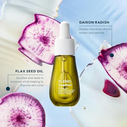 Elemis Superfood Facial Oil, Nutrient-Rich Glow-Boosting Face Oil with Broccoli and Flaxseed, Lightweight Daily Hydration, 0.5 Fl Oz.