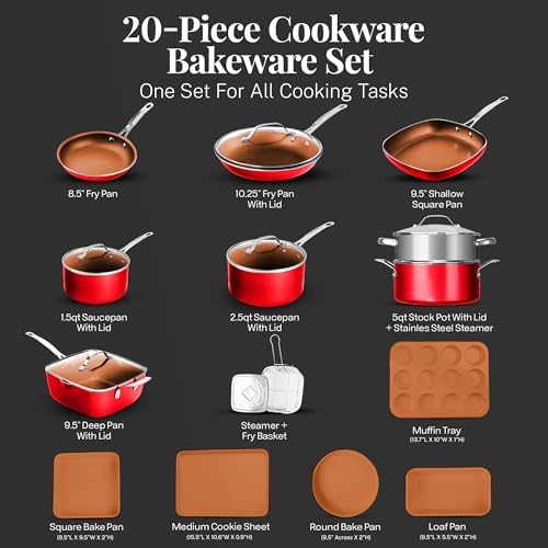 Gotham Steel 20 Pc Pots and Pans Set Nonstick Cookware + Bakeware Set, Complete Ceramic for Kitchen, Non Stick with Lids, Dishwasher / Oven Safe