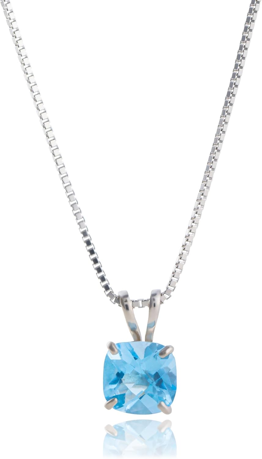 MAX + STONE 925 Sterling Silver Cushion Cut Birthstone Necklace for Women | 6mm Hypoallergenic Solitaire Necklace | Gemstone Pendant Necklaces with 18 inch Box Chain