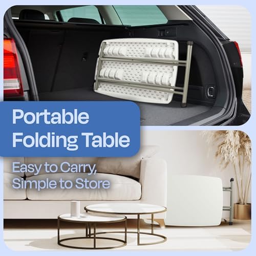 Lavish Home Small Adjustable Folding TV Tray Table, White, 19”H-24”H-28”H | Indoor and Outdoor Portable Lightweight Table, Plastic Snack Table, Small Desk for Laptop, Cards, Camping, Crafting, Party