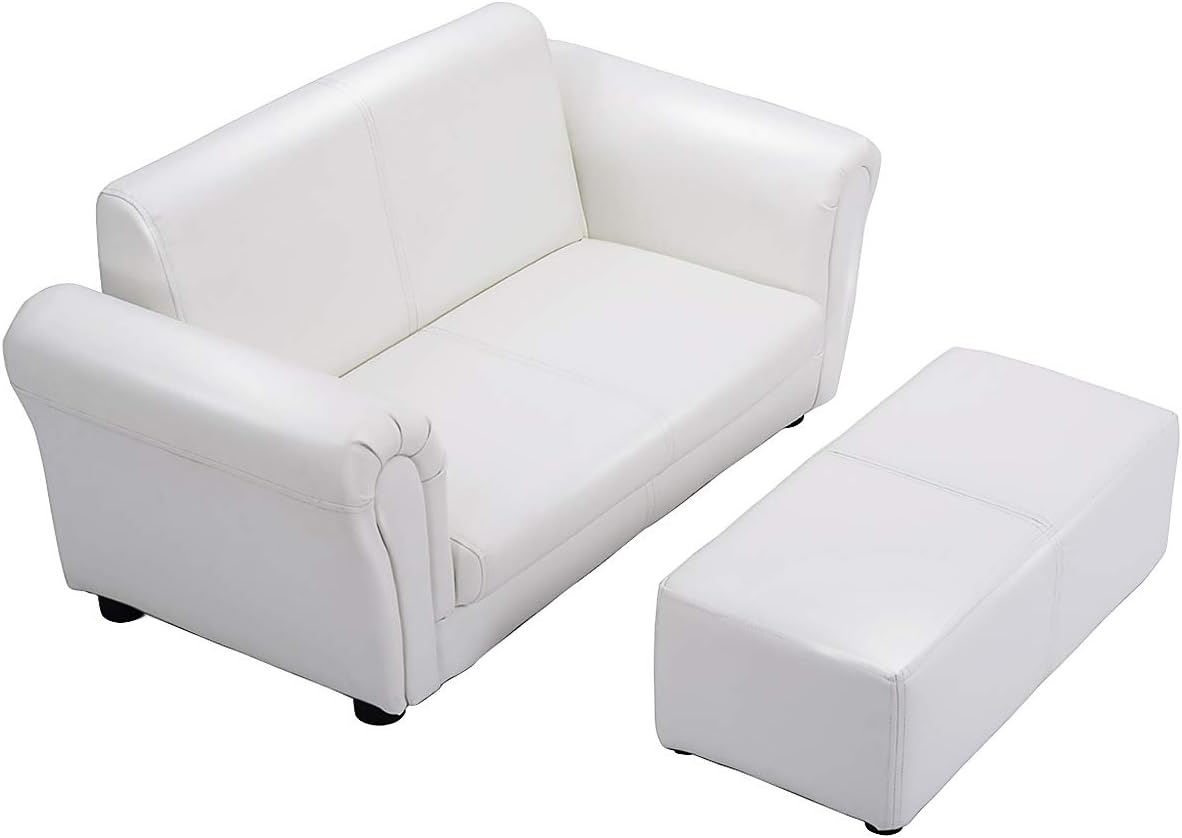 Costzon Kids Couch with Footstool, 2 in 1 Double Seat Children's Sofa w/PU Leather Surface, Armrest Chair Lounge, Soft Kids Sofa for Preschool Bedroom Kids Room Toddlers Boys Girls Birthday (Black)