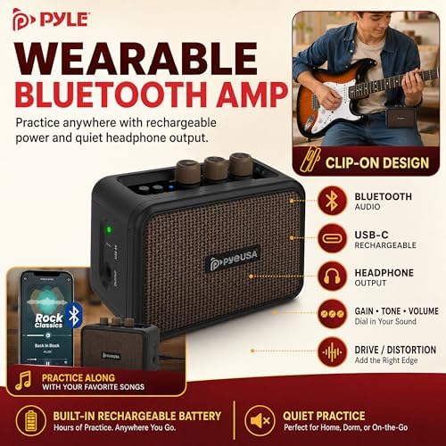 Pyle Electric Guitar and Amp Kit - Full Size 39" Complete Starter Kit with Wearable Bluetooth Amplifier, 1/4” Cable, Carry Case, Strap, Strings, Picks, Cleaning Cloth, ST-Style Pickups (Black)