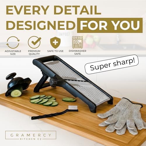 Gramercy Adjustable Mandoline Food Slicer, Mandoline Slicer for Kitchen, Mandolin, Potato, Tomato, Carrot, Vegetable, Fruit and Onion Cutter, Stainless Steel, INCLUDING Cut-Resistant Gloves, Black PRO