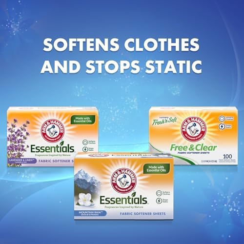 ARM & HAMMER Fabric Softener Dryer Sheets, Mountain Rain, 144 Count | Softens Clothes, Reduces Static Cling, Essential Oil Infused