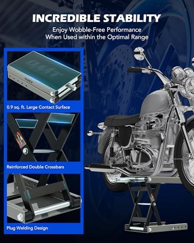 OMT 1100lb Motorcycle Scissor Lift Jack Wide Deck Motorbike Hoist Stand | Center Stand For ATV Dirt Bike Cruiser; T Handle And 3/8 Inch Socket; 3.7 To 14.6 Inch Lift; 5 Locking Holes; Chain Brush