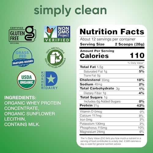 Simply tera's Organic Whey Protein Powder, Plain Unsweetened - 12 Oz | Grass Fed Whey Protein Powder Without Artificial Sweeteners, Unflavored