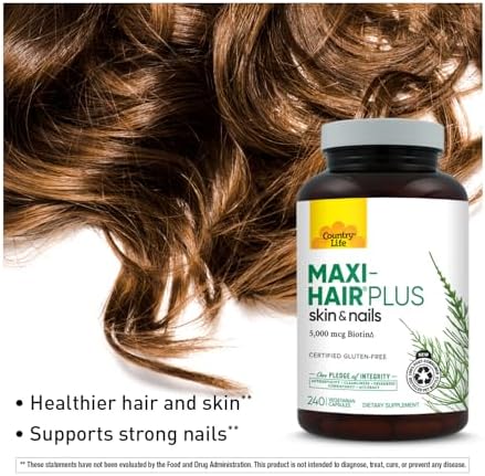 Country Life Maxi-Hair Plus 5000 mcg Biotin, 240 Vegetarian Capsules | Supports healthier-looking skin and strands plus strong nails from within