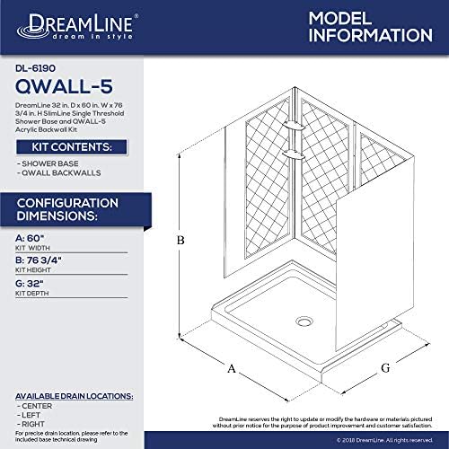 DreamLine 32 in. D x 60 in. W x 76 3/4 in. H Left Drain Acrylic Shower Base and QWALL-5 Backwall Kit In White, DL-6190L-01