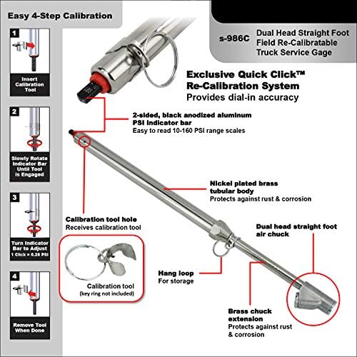 Milton s-986C Calibratable Tire Pressure Service Gauge, Dual Head Straight Foot Chuck, 10-160 PSI