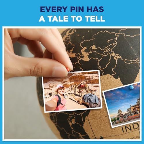 Cork Globe with Push Pins - 9.4” Globe with Map of the World and Rotating Stand for Adults