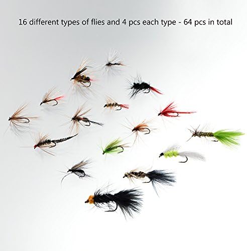 BASSDASH Fly Fishing Assorted Flies Kit, Pack of 64 pcs Including Dry and Wet Flies, Nymphs, Streamers, Terrestrials, Leeches and More
